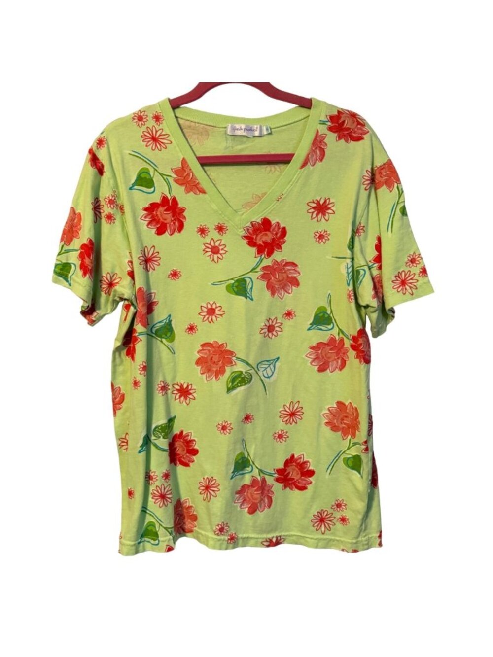 Fresh Produce Womens Medium Floral V-Neck T-Shirt Green & Red